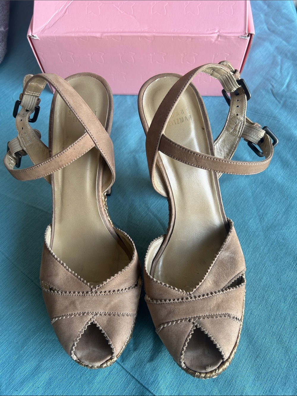 Stuart Weitzman Taupe Suede Peep-Toe Ankle Strap Heels
